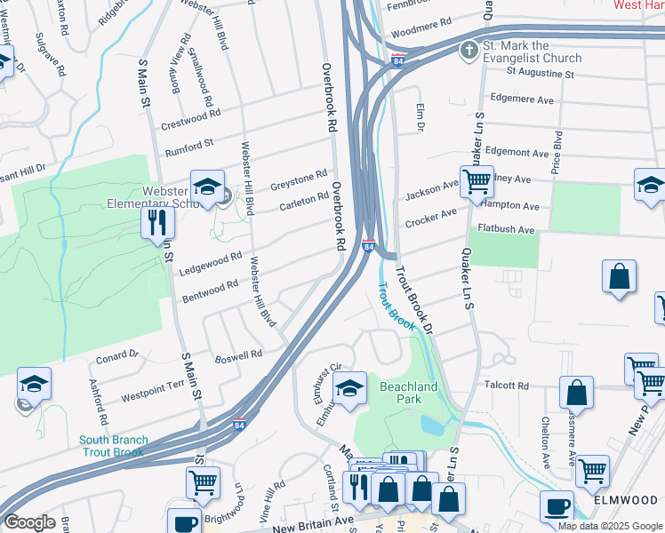 map of restaurants, bars, coffee shops, grocery stores, and more near 44 Cassilis Road in West Hartford