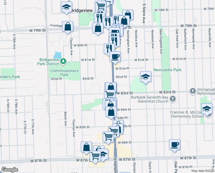 map of restaurants, bars, coffee shops, grocery stores, and more near 8220 South Harlem Avenue in Bridgeview