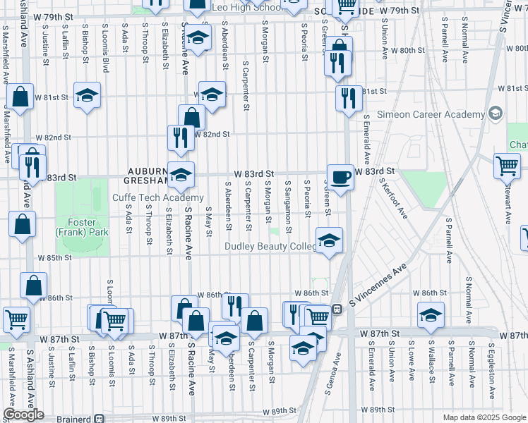 map of restaurants, bars, coffee shops, grocery stores, and more near 8343 South Carpenter Street in Chicago
