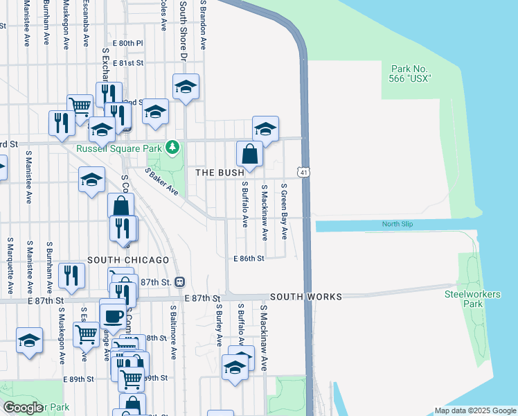 map of restaurants, bars, coffee shops, grocery stores, and more near 8428 South Mackinaw Avenue in Chicago