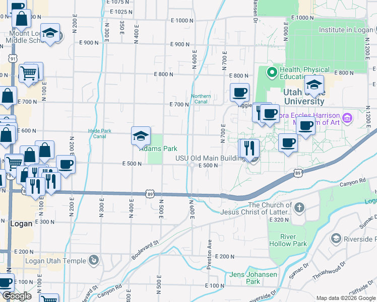 map of restaurants, bars, coffee shops, grocery stores, and more near 570 600 East in Logan