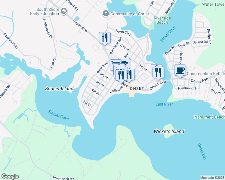 map of restaurants, bars, coffee shops, grocery stores, and more near 26 West Central Avenue in Wareham