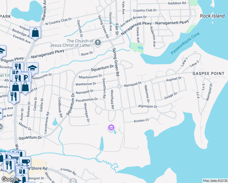 map of restaurants, bars, coffee shops, grocery stores, and more near 608 Namquid Drive in Warwick