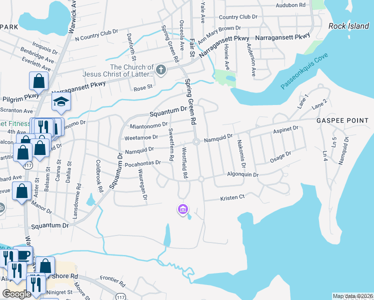 map of restaurants, bars, coffee shops, grocery stores, and more near 608 Namquid Drive in Warwick