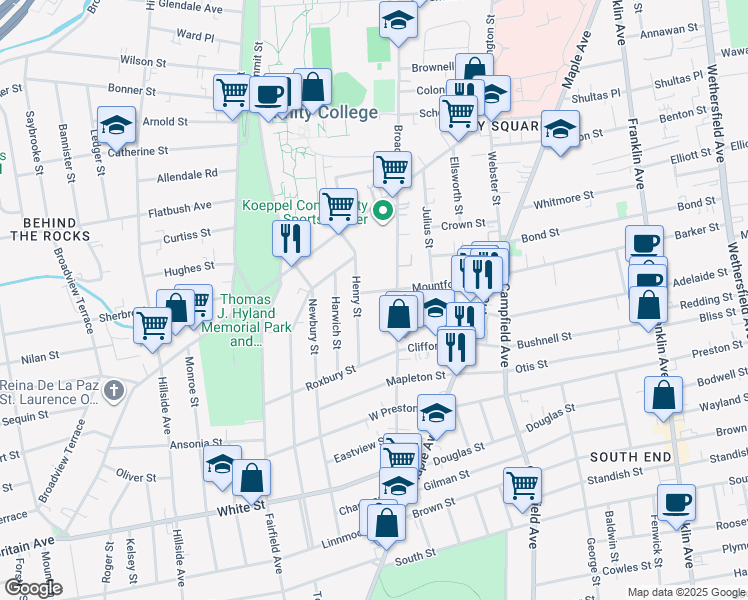 map of restaurants, bars, coffee shops, grocery stores, and more near 58 Henry Street in Hartford