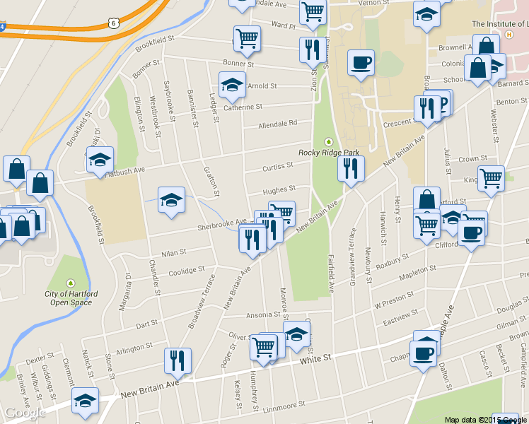 map of restaurants, bars, coffee shops, grocery stores, and more near 346 Hillside Avenue in Hartford