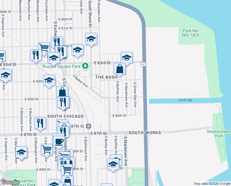 map of restaurants, bars, coffee shops, grocery stores, and more near 8428 South Buffalo Avenue in Chicago