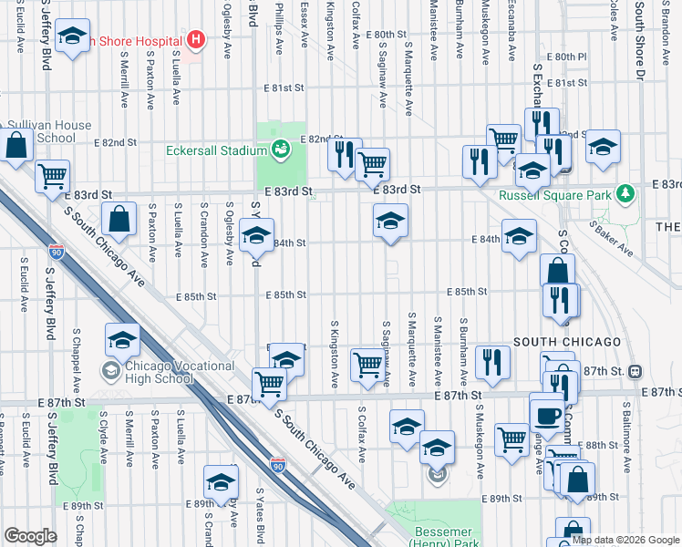 map of restaurants, bars, coffee shops, grocery stores, and more near 8420 South Kingston Avenue in Chicago