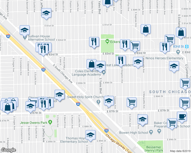 map of restaurants, bars, coffee shops, grocery stores, and more near 8421 South Oglesby Avenue in Chicago