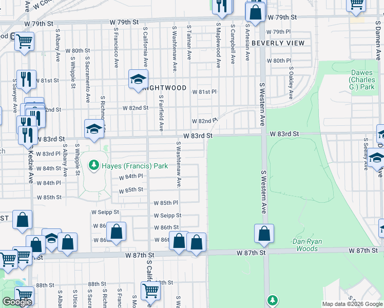 map of restaurants, bars, coffee shops, grocery stores, and more near 2620 West 83rd Place in Chicago