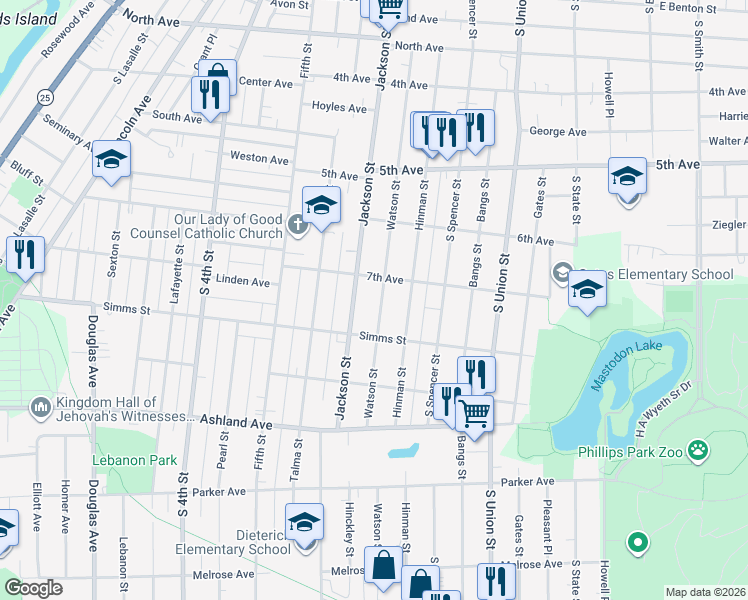 map of restaurants, bars, coffee shops, grocery stores, and more near 707 Watson Street in Aurora