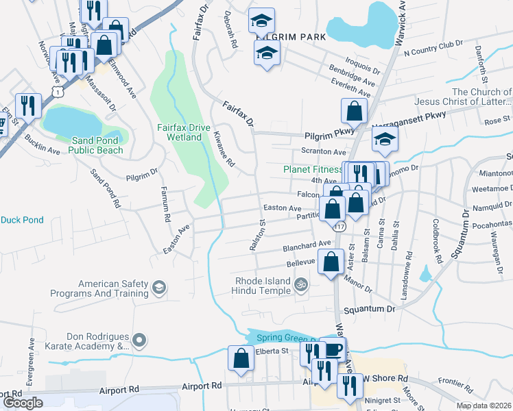 map of restaurants, bars, coffee shops, grocery stores, and more near 154 Falcon Avenue in Warwick