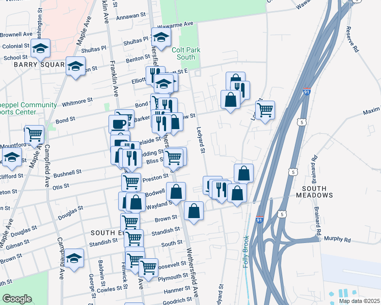 map of restaurants, bars, coffee shops, grocery stores, and more near 241 Ledyard Street in Hartford