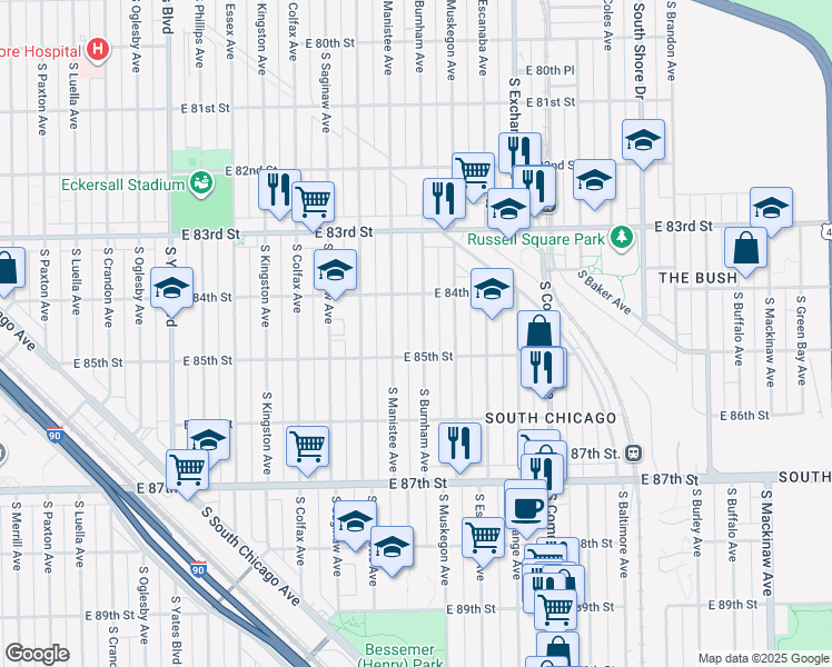 map of restaurants, bars, coffee shops, grocery stores, and more near 8424 South Burnham Avenue in Chicago