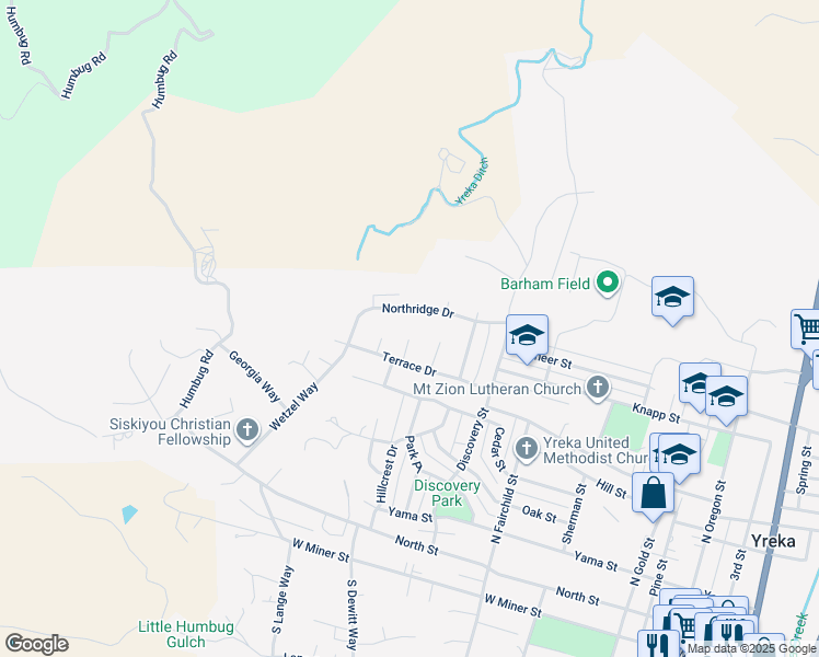 map of restaurants, bars, coffee shops, grocery stores, and more near 1117 Northridge Drive in Yreka