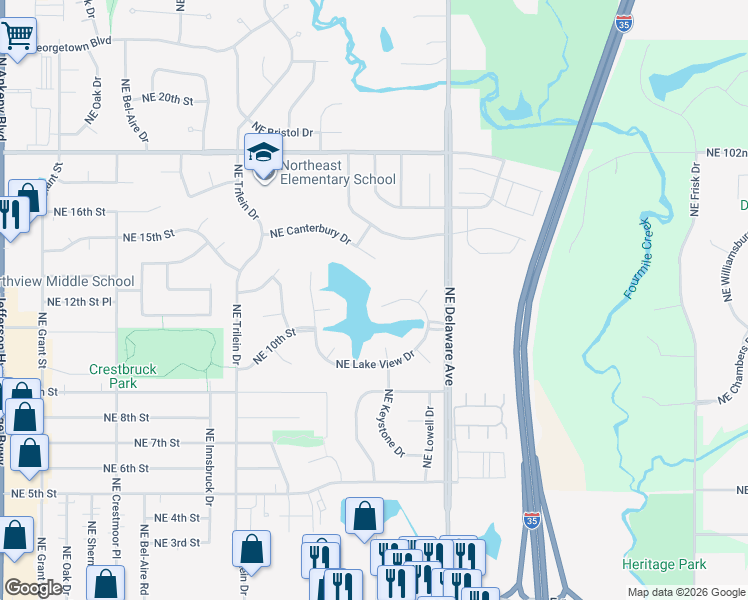 map of restaurants, bars, coffee shops, grocery stores, and more near 1002 Northeast Fountain View Drive in Ankeny