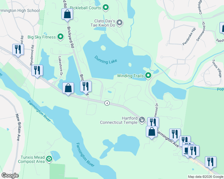 map of restaurants, bars, coffee shops, grocery stores, and more near 18 Greenbriar Drive in Farmington