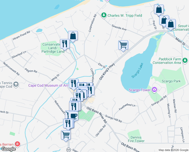 map of restaurants, bars, coffee shops, grocery stores, and more near 876A Main Street in Dennis