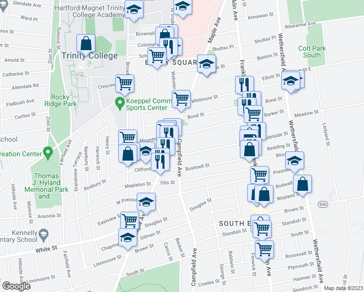 map of restaurants, bars, coffee shops, grocery stores, and more near 42 Campfield Avenue in Hartford