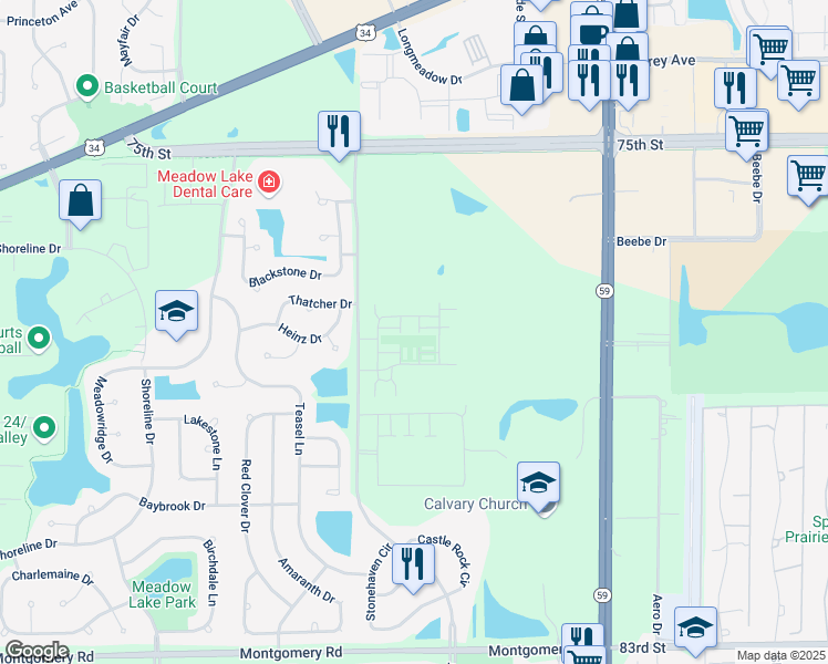 map of restaurants, bars, coffee shops, grocery stores, and more near 4211 Calder Lane in Aurora