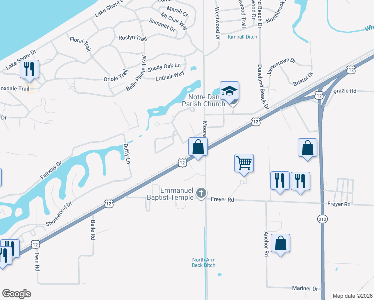map of restaurants, bars, coffee shops, grocery stores, and more near 100-598 Birch Tree Lane in Michigan City
