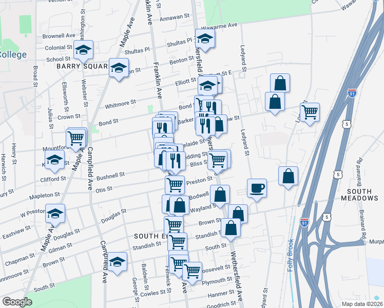 map of restaurants, bars, coffee shops, grocery stores, and more near 20 Redding Street in Hartford