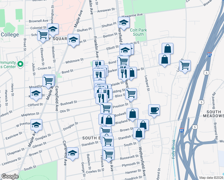 map of restaurants, bars, coffee shops, grocery stores, and more near 51 Adelaide Street in Hartford