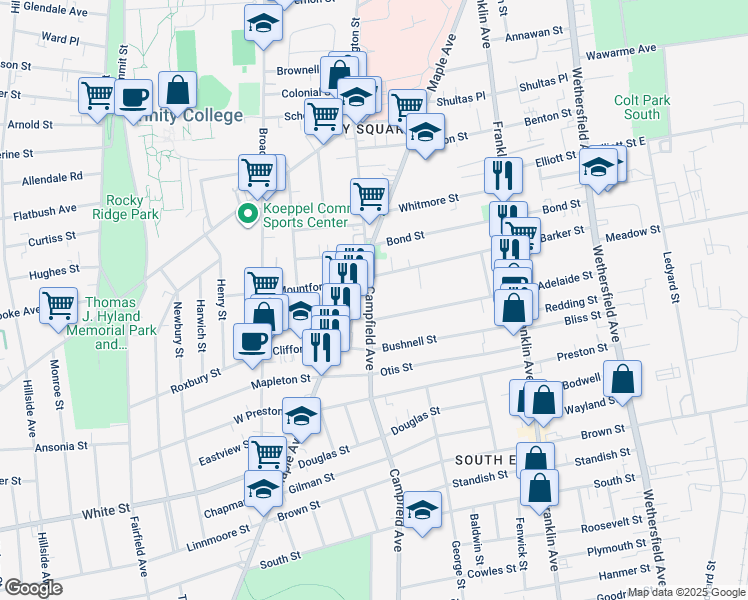 map of restaurants, bars, coffee shops, grocery stores, and more near 42 Campfield Avenue in Hartford