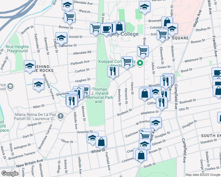 map of restaurants, bars, coffee shops, grocery stores, and more near 8 Fairfield Avenue in Hartford