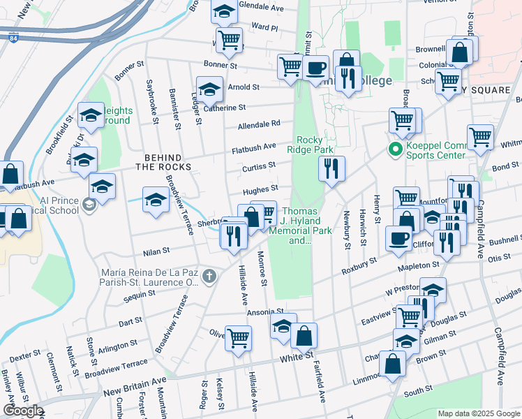 map of restaurants, bars, coffee shops, grocery stores, and more near 34 Sherbrooke Avenue in Hartford