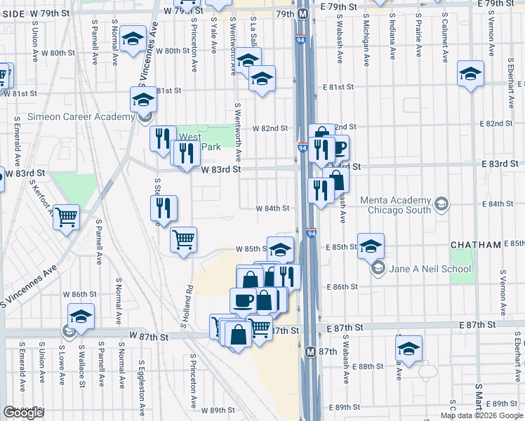 map of restaurants, bars, coffee shops, grocery stores, and more near 8354 South Perry Avenue in Chicago