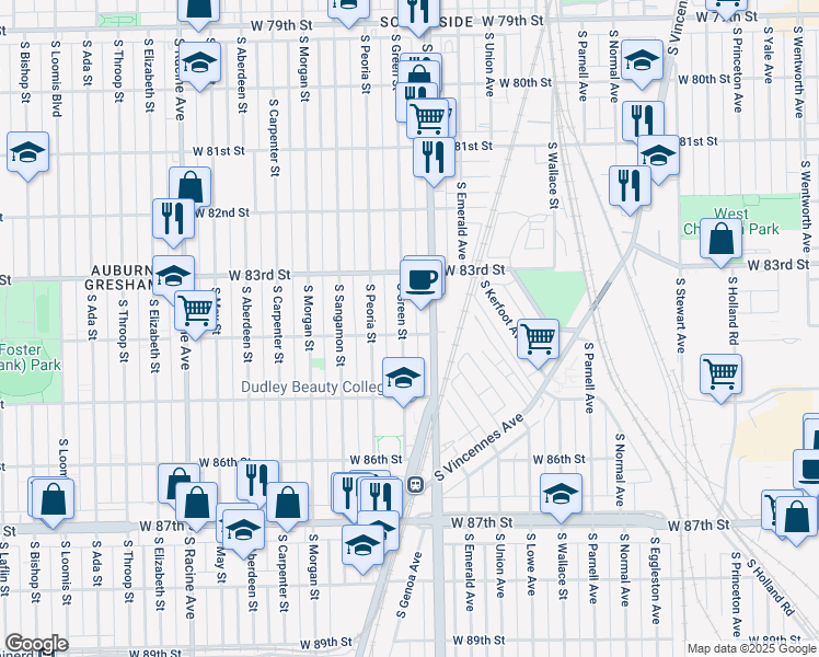 map of restaurants, bars, coffee shops, grocery stores, and more near 8345 South Green Street in Chicago