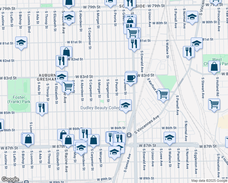 map of restaurants, bars, coffee shops, grocery stores, and more near 8346 South Peoria Street in Chicago