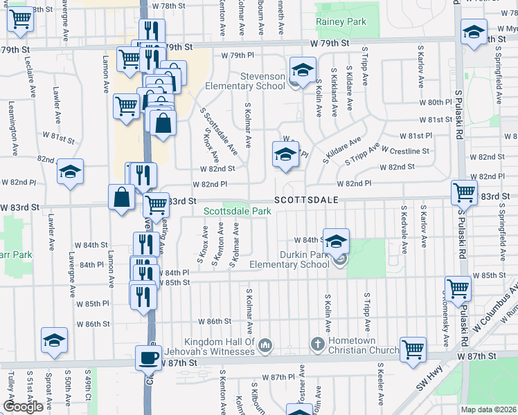 map of restaurants, bars, coffee shops, grocery stores, and more near 4600 West 83rd Street in Chicago