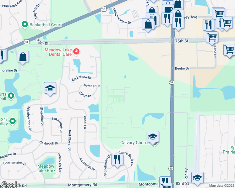 map of restaurants, bars, coffee shops, grocery stores, and more near 4211 Calder Lane in Aurora