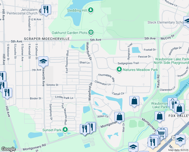 map of restaurants, bars, coffee shops, grocery stores, and more near 1794 Rebecca Lane in Aurora
