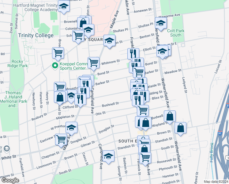 map of restaurants, bars, coffee shops, grocery stores, and more near 148 Adelaide Street in Hartford