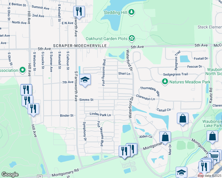 map of restaurants, bars, coffee shops, grocery stores, and more near 765 Serendipity Drive in Aurora