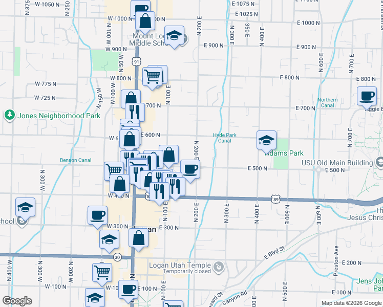 map of restaurants, bars, coffee shops, grocery stores, and more near 541 North 200 West in Logan