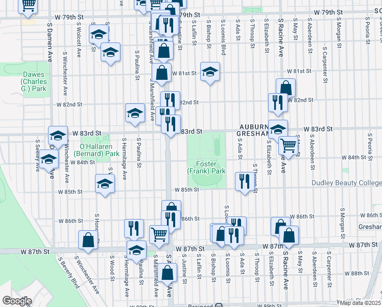 map of restaurants, bars, coffee shops, grocery stores, and more near 1440 West 84th Street in Chicago