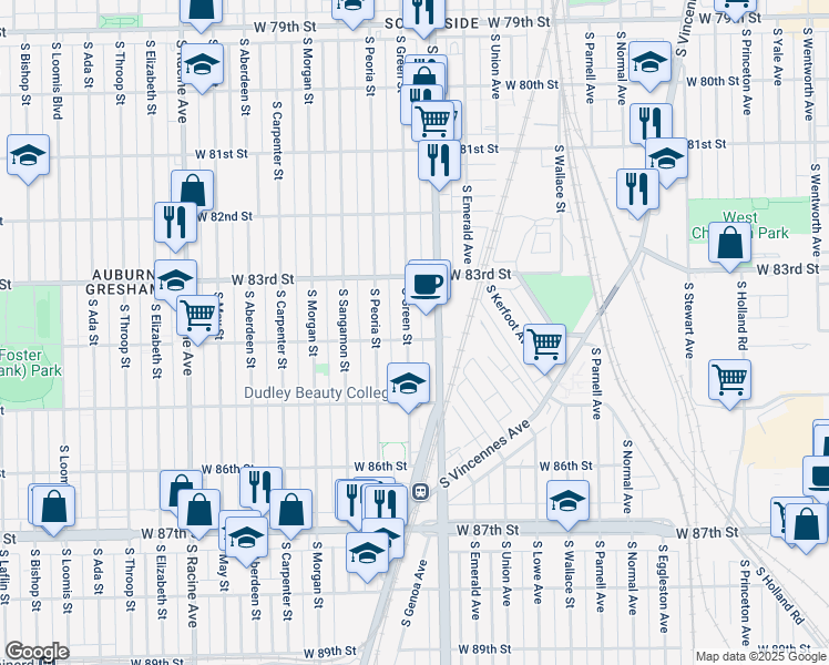 map of restaurants, bars, coffee shops, grocery stores, and more near 8345 South Green Street in Chicago