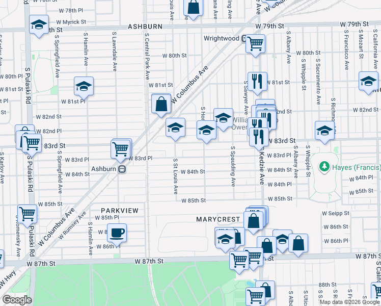 map of restaurants, bars, coffee shops, grocery stores, and more near 3423 West 83rd Street in Chicago