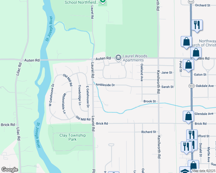 map of restaurants, bars, coffee shops, grocery stores, and more near 20384 Ambleside Drive in South Bend