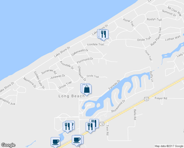 map of restaurants, bars, coffee shops, grocery stores, and more near 2210 Oriole Trail in Long Beach