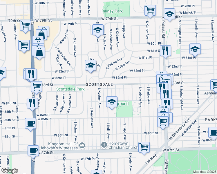 map of restaurants, bars, coffee shops, grocery stores, and more near 4341 West 83rd Street in Chicago