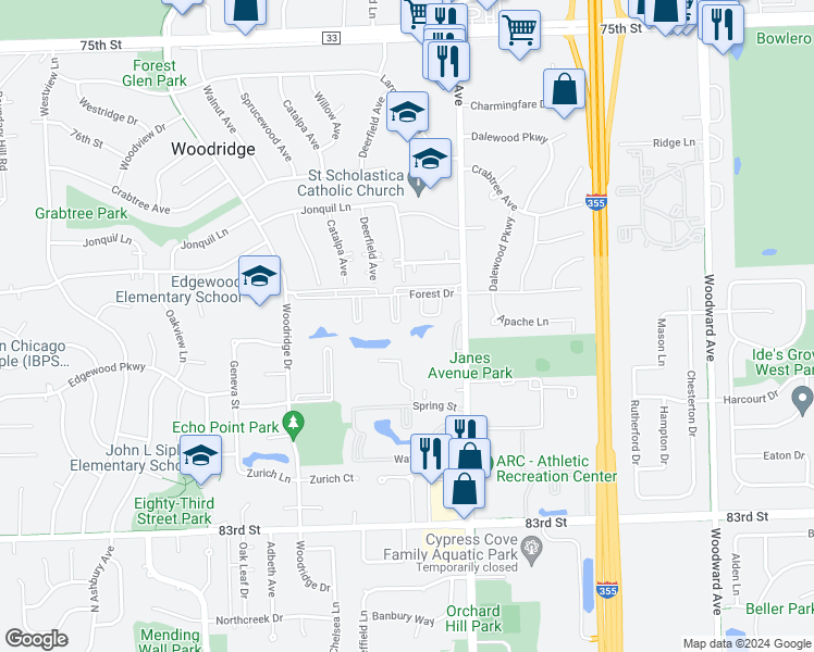 map of restaurants, bars, coffee shops, grocery stores, and more near 7933 Woodlyn Drive in Woodridge