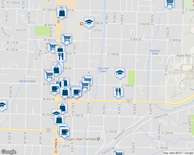 map of restaurants, bars, coffee shops, grocery stores, and more near 90 Brookside Place in Logan