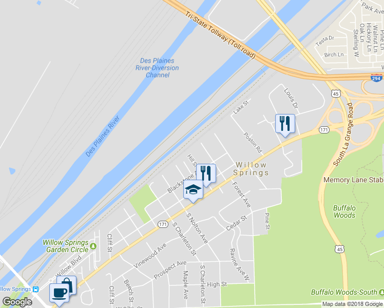 map of restaurants, bars, coffee shops, grocery stores, and more near 214 Hill Street in Willow Springs