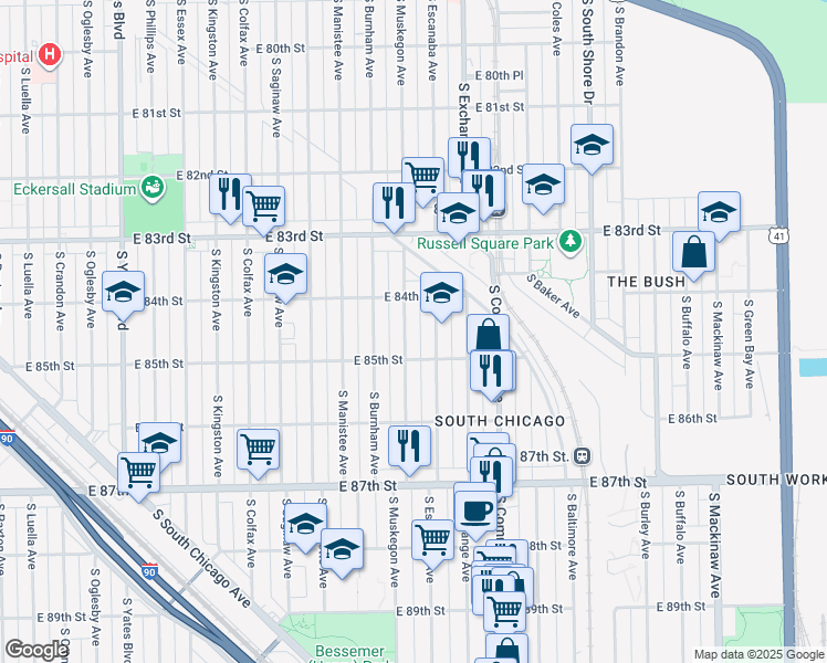 map of restaurants, bars, coffee shops, grocery stores, and more near 8423 South Muskegon Avenue in Chicago