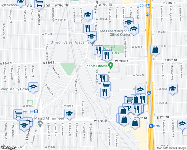 map of restaurants, bars, coffee shops, grocery stores, and more near 8400 South Stewart Avenue in Chicago